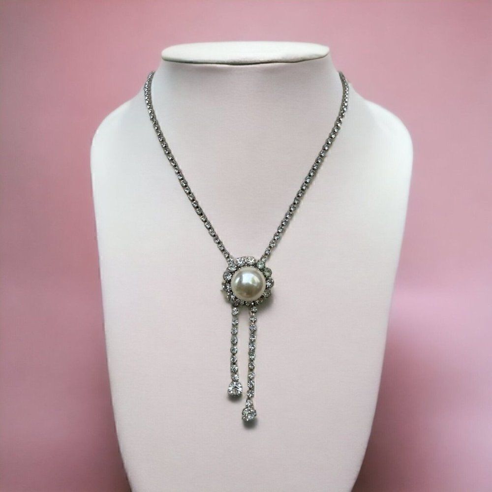 Vintage 60s Judy Lee Tennis Negligee Necklace Clear Rhinestone Pearl Earring Set